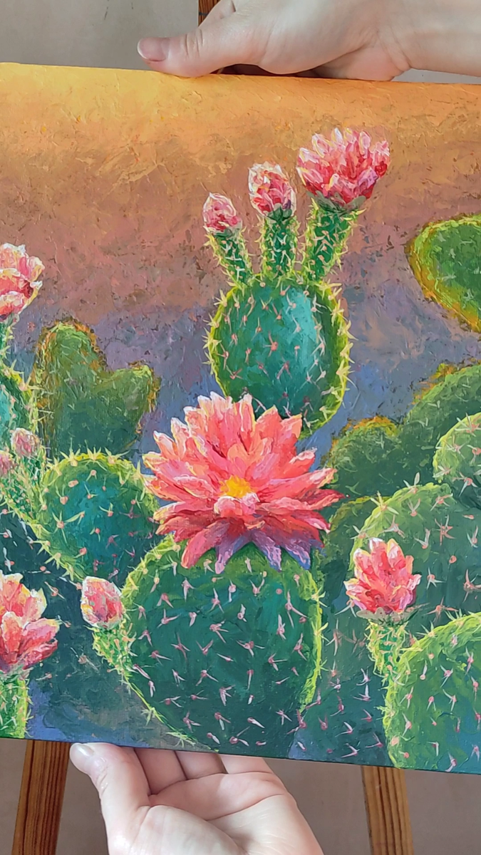 Cactus Textured Painting Desert Flower Landscape Wall Art Hand Painted Gift  Ide