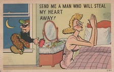 Send Me A Man Who Will Steal My Heart Comic Linen Vintage Postcard