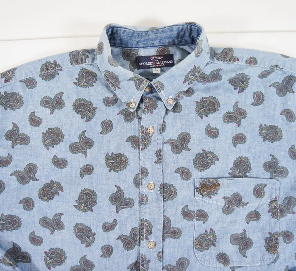 Camisa Guess Vintage Hombres Grande Azul Abotonada Cambray Paisley Georges Marciano Foto 2 de 4