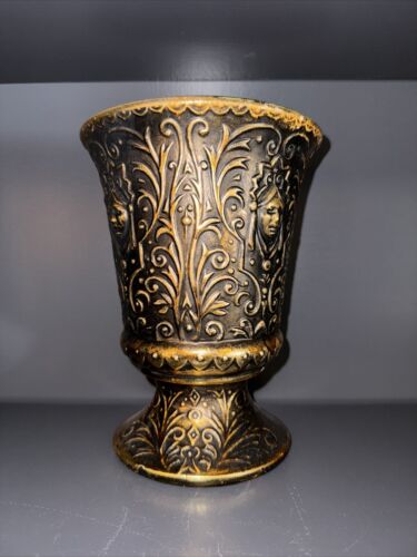 McCoy USA 8” black w/gold brocade pattern pedestal vase green interior - Picture 1 of 9