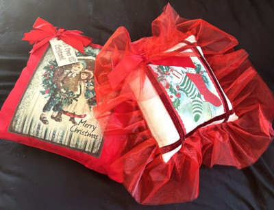 2 Christmas Throw Pillows Dickens Victorian Children Wreath Stockings Bows