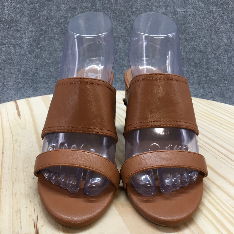 Cupid Heels Womens 7 Casual Slip On Two Strap Slide Brown Faux Leather Open Toe - Image 4 of 4
