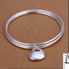 Women Three Circles 925 Sterling Silver Heart Charm Bangle Cuff Bracelets 