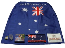 AUSTRALIA LOT: Flag Cape, Coaster Set, Bag, Koala Shot Glass, Map, and Button!
