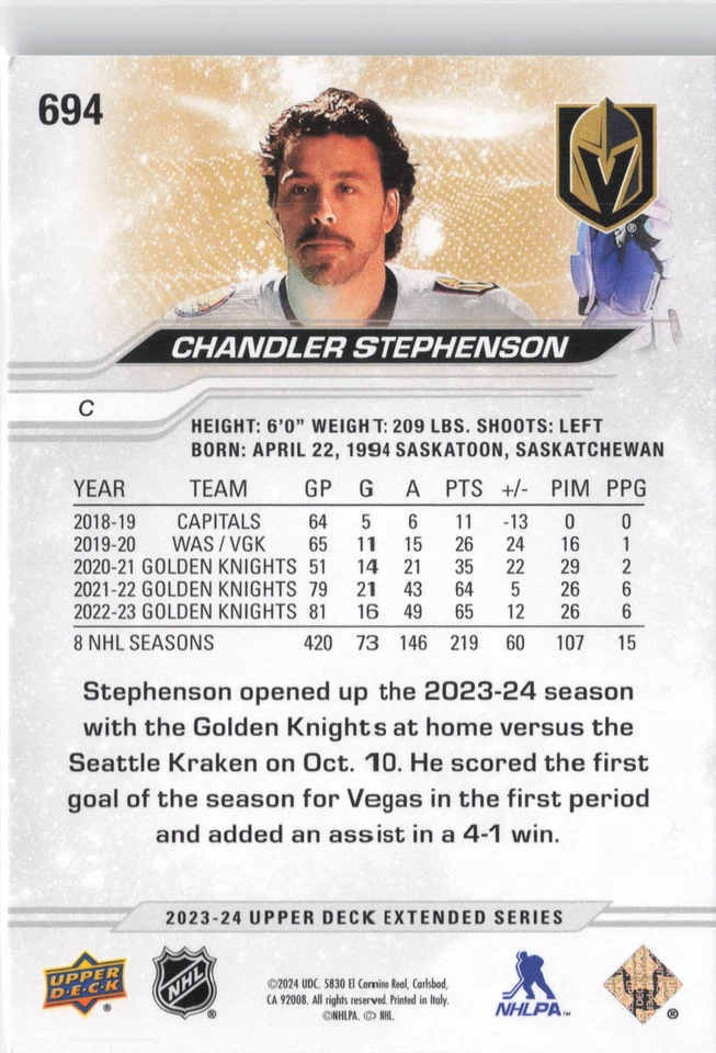 2023-24 Upper Deck #694 Chandler Stephenson - Image 2 of 2