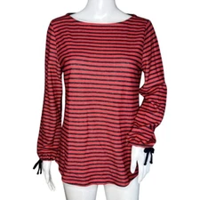 Talbots Shirt Womens Medium Petite Red Blue Stripe Bow Casual Nautical Preppy