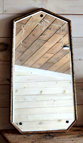 Antique Art Deco Etched Glass Mirror Beveled Coffin Shape 27x15