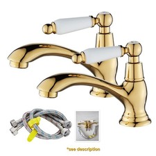Bathroom Basin Pillar Taps Pair Dual Sink Tap Ceramic Lever Victorian look, Gold