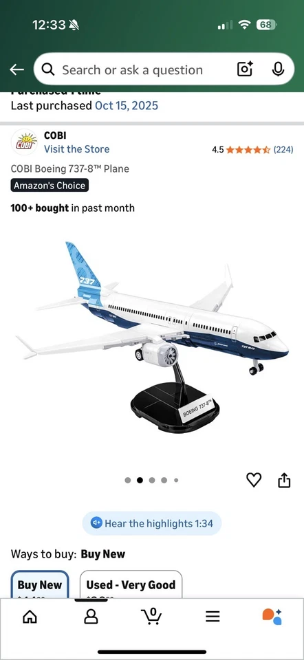 COBI Boeing 737-8 Model 1:110 Scale Model Airplane Building Block Set # 26608 - Image 3 of 4