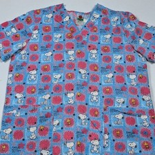 Peanuts Snoopy and Woodstock V-Neck Scrub Top Turquoise Floral Print Size M