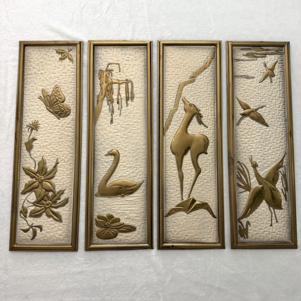 Four genuine pressed-brass 3D relief wall panels Made in Holland — real MCM provenance, sculptural texture, and the kind of set that stops guests cold.