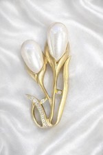 Vintage Calla Lilie klar Strass Kunstperlen goldfarben Brosche Anstecknadel Schmuck