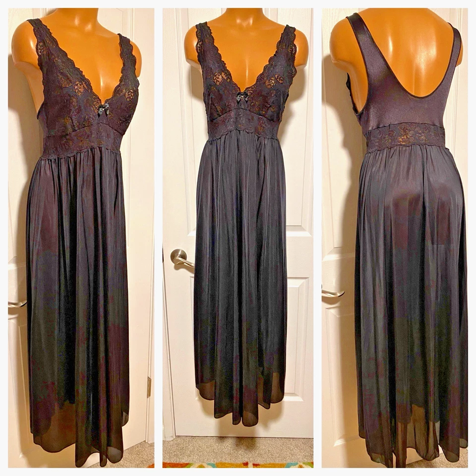 Camisola estilo olga vintage anos 70 SHADOWLINE PRETA COM CORPETE DE RENDA E BOA VARREDURA TAMANHO G - Imagem 2 de 4