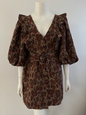 Sézane Lia Jacquard Leopard Puffer Sleeves Dress SIZE 40 US 8
