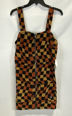 Vans Women's Jagger Dress Brown Orange Black Checkered Corduroy Front Zip Sz M