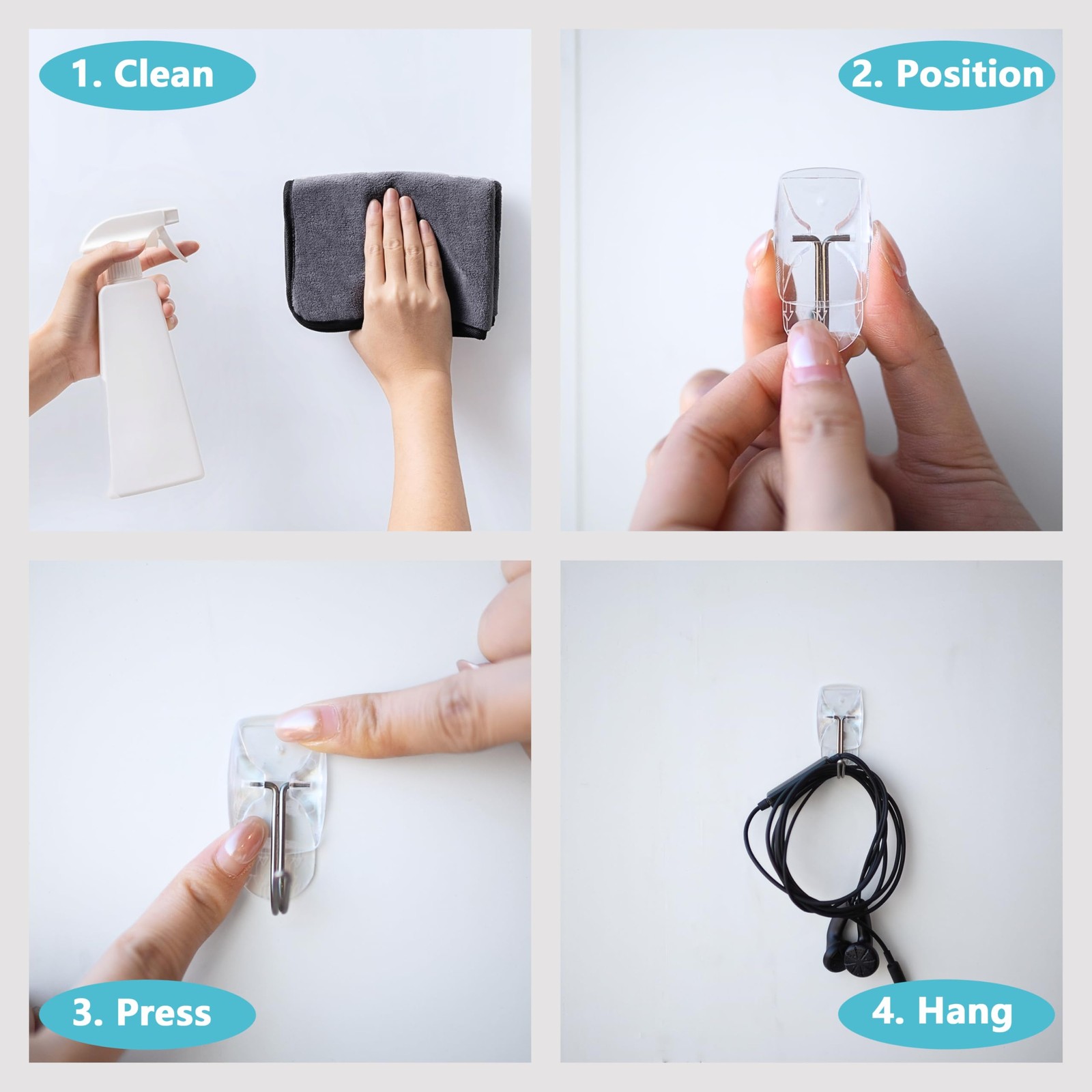 30 Small Hooks with 40 Removable Strips, Clear Adhesive Wall Hooks No Damage