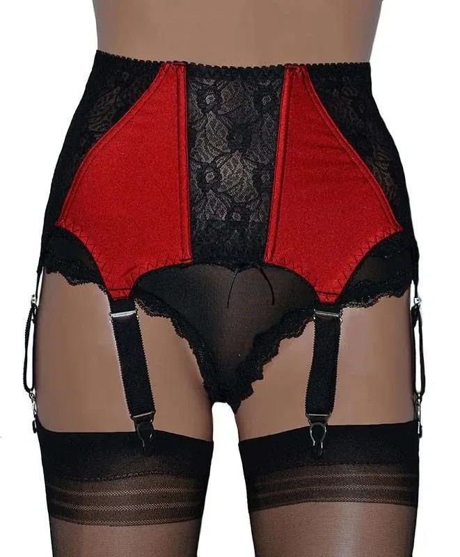 6 Strap Lace Suspender Belt with Satin Panels