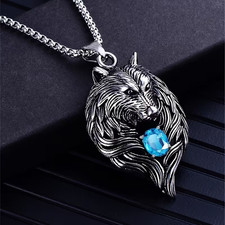 Alluring Viking Silver Wolf Pendant Necklace With Topaz Stone - Gift Boxed