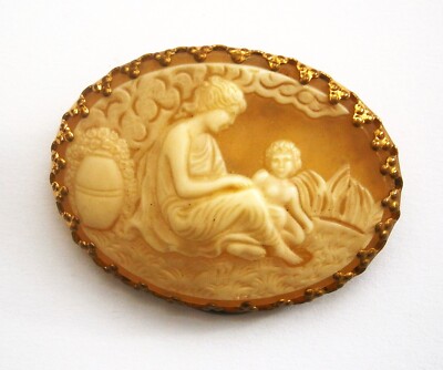 N2) Klassische Mutter und Kind Kamee Oval Harz Vintage Brosche Schal Clip