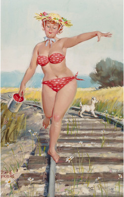Vintage Pin Up Art Hilda Walking the Tracks 13 x 19