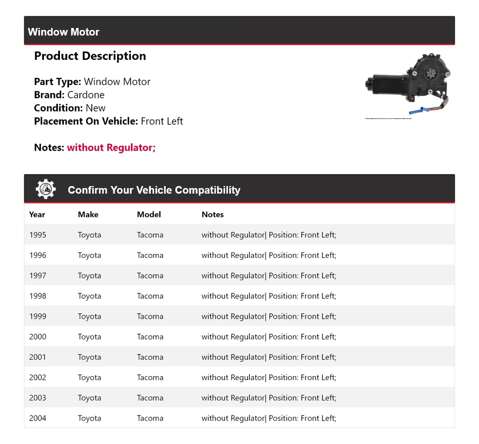 Motor ventana delantero izquierdo cardone para Toyota Tacoma 1995-2004 1996 1997 1998 1999 Foto 2 de 4