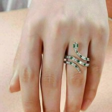 Round Cut Green Emerald  Lab Created Diamond 925 Silver Engagement Snake Ring