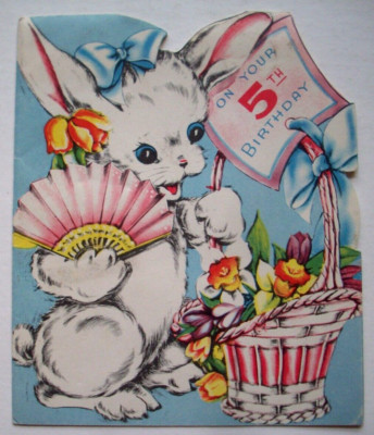 Rabbit w basket of flowers vintage Birthday greeting card *NN23