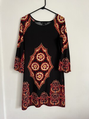 INC International Concepts Shift Dress Black Red Yellow 3/4 Sleeves Medium  | eBay