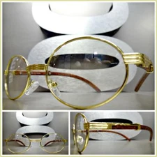 Mens CLASSY MODERN Retro Hip Hp Clear Lens EYE GLASSES Oval Gold Faux Wood Frame