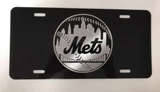 New York Mets Logo Car Tag Diamond Etch on Black Aluminum License Plate