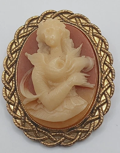 Vintage Oval 3D Cameo Woman Holding a Dove Bird Gold Tone Brooch Costume Jewelry