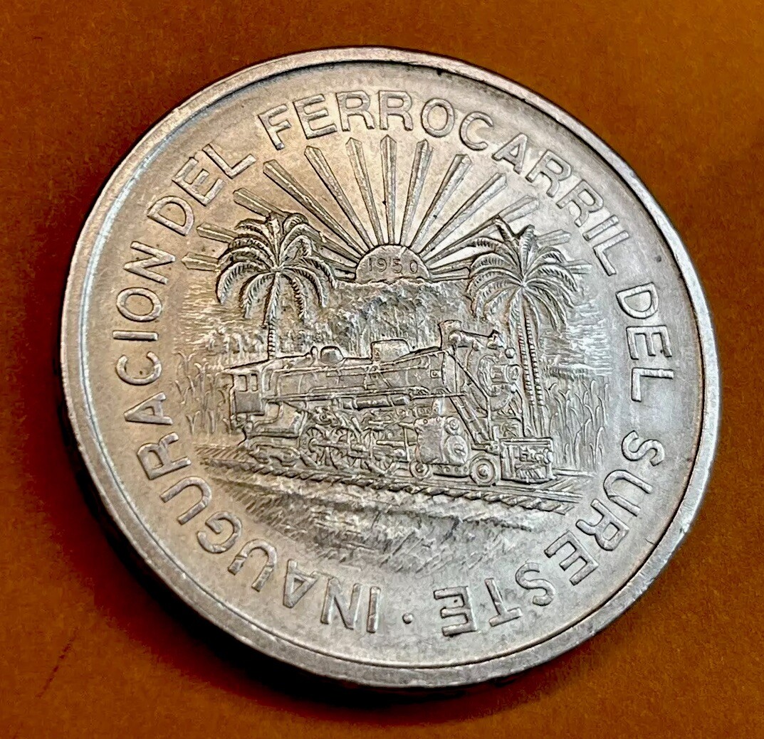 1950 Mexico 5 Pesos Southern Railroad Ferrocarril Inaugural Coin