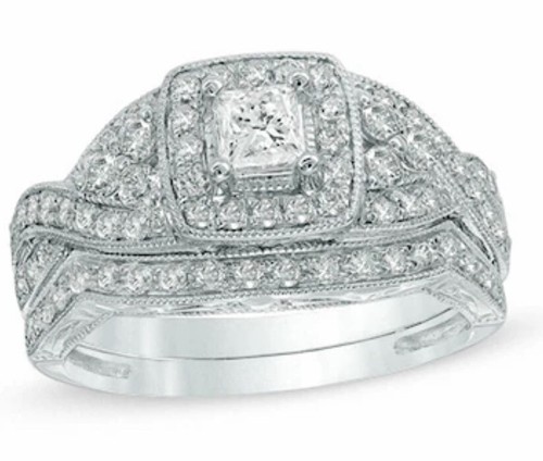 14 Karat Weißgold Princess Cut Diamant Verlobungsring Set, kein Schrott