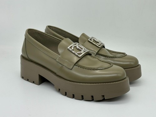 CHANEL 23B Calfskin Leather CC Logo Platform Loafers Flat Shoes Khaki $1575
