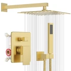 Brushed Gold Shower Faucet Set Bathroom 8in Rain Shower Head Combo Mixer Valve