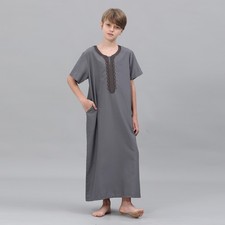 Embroidered Kaftan Long Dress for Boys Saudi Muslim Loose Dishdasha Jubba Thoub