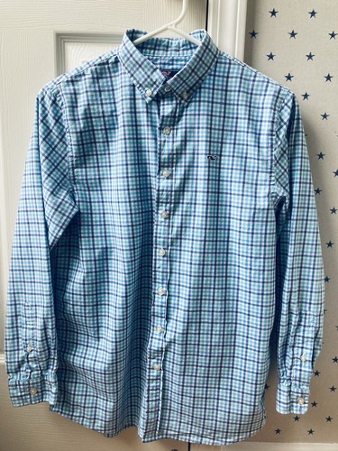 FLAWS VINEYARD VINES Blue Plaid Dress Shirt Large 16 L Boys Cotton $70 Button Up - Foto 16 di 16