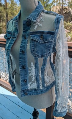Custom  Jean Blue Denim Jacket  Sz 6 Lace Sheer Window Pane NWT Embroidered Boho