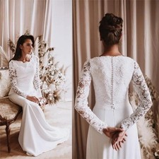 Long Sleeves Wedding Dresses Scalloped Neckline Chiffon Lace Applique BridalGown