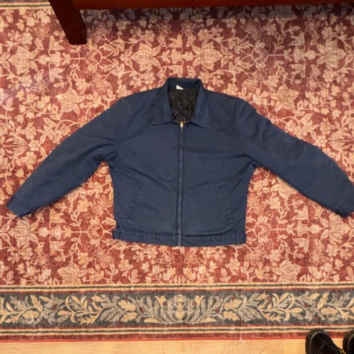 Vintage Navy Blue Unisex Work Jacket Zip Front Quilted Lining Workwear