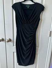 Lauren Ralph Lauren Black V-Neck Ruched Sheath Dress Cap Sleeve Size 2