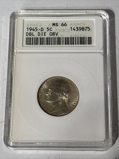 1945 D Silver War Nickel ANACS MS66 Double Die Obverse S1