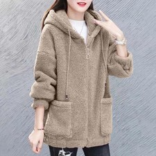 Women Hooded Coat Chic Fleece Thick Solid Color Pockets Long Sleeves Loose Warm