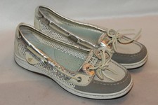 Sperry Top Sider ANGELFISH Silver Met Leather White Open Mesh Boat Shoes Sz 6