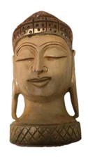 Wood Hand Carved Indian Buddha Head Decorative Sculptures 6 inch Perfect Shape!