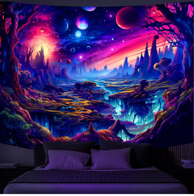 Blacklight Scenery Galaxy Tapestry UV Reactive Tapestry for Bedroom Black Light