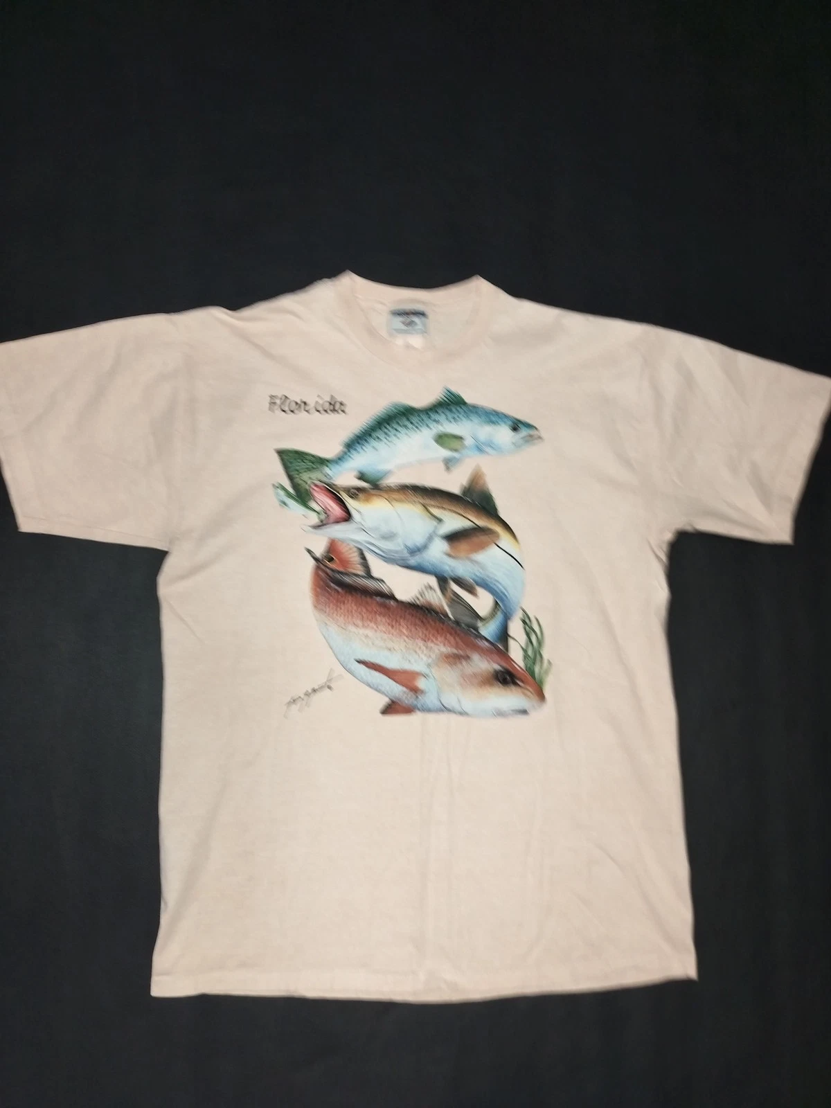 Vintage Florida Fish Shirt Mens Large White Jerzees Graphic Fishing 90s Tee