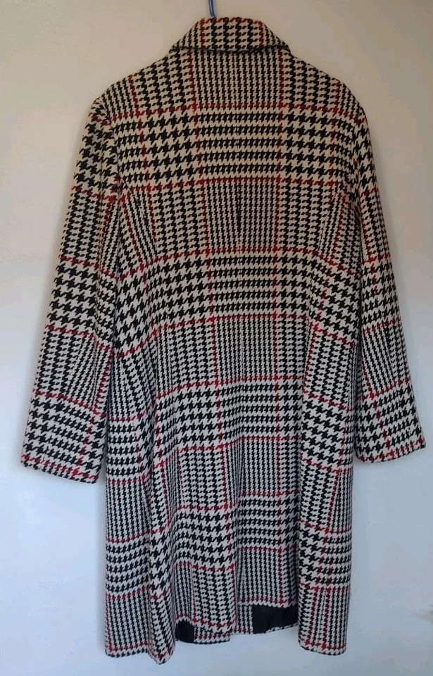 Винтажный Tribeca Studio Houndstooth длинная шерсть пальто красный черный белый W брошь размер 14 - Изображение 3 из 4