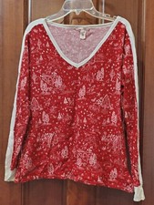 VICTORIA'S SECRET size M red ivory long sleeve V-neck waffle weave lounge pj tee