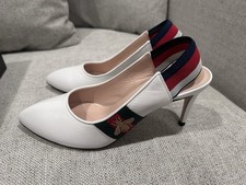 Gucci White Leather Web Detail Sylvie Slingback Pumps SIZE 36